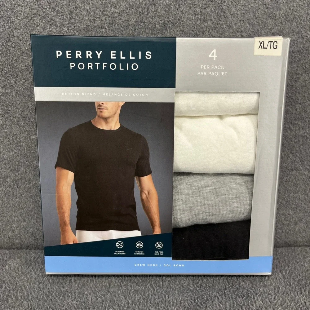 Perry Ellis Portfolio Undershirts Mens XL Multi Crew Neck 4 Pack Cotton Stretch